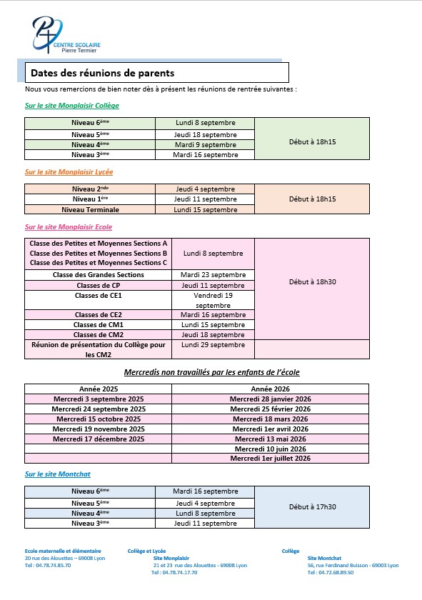 Dates réunions parents