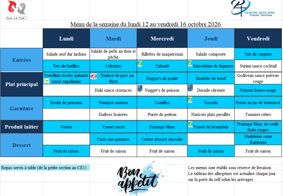 Menu semaine du 12 au 16 octobre 2026