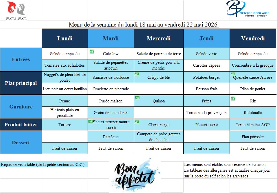 Menu semaine du 18 au 22 mai 2026