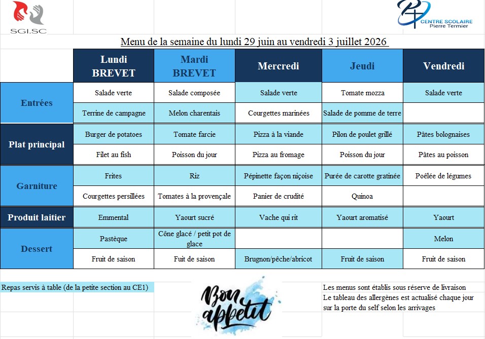 Menu semaine du 29 juin au 3 juillet 2026