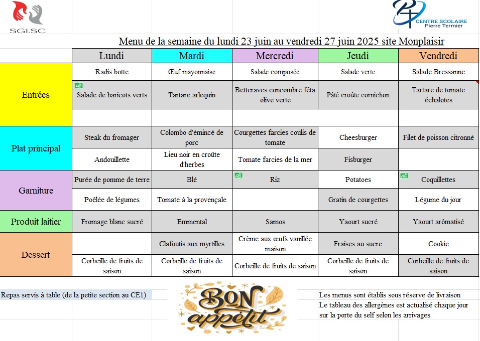 Menus semaine du 23 au 27 juin 2025